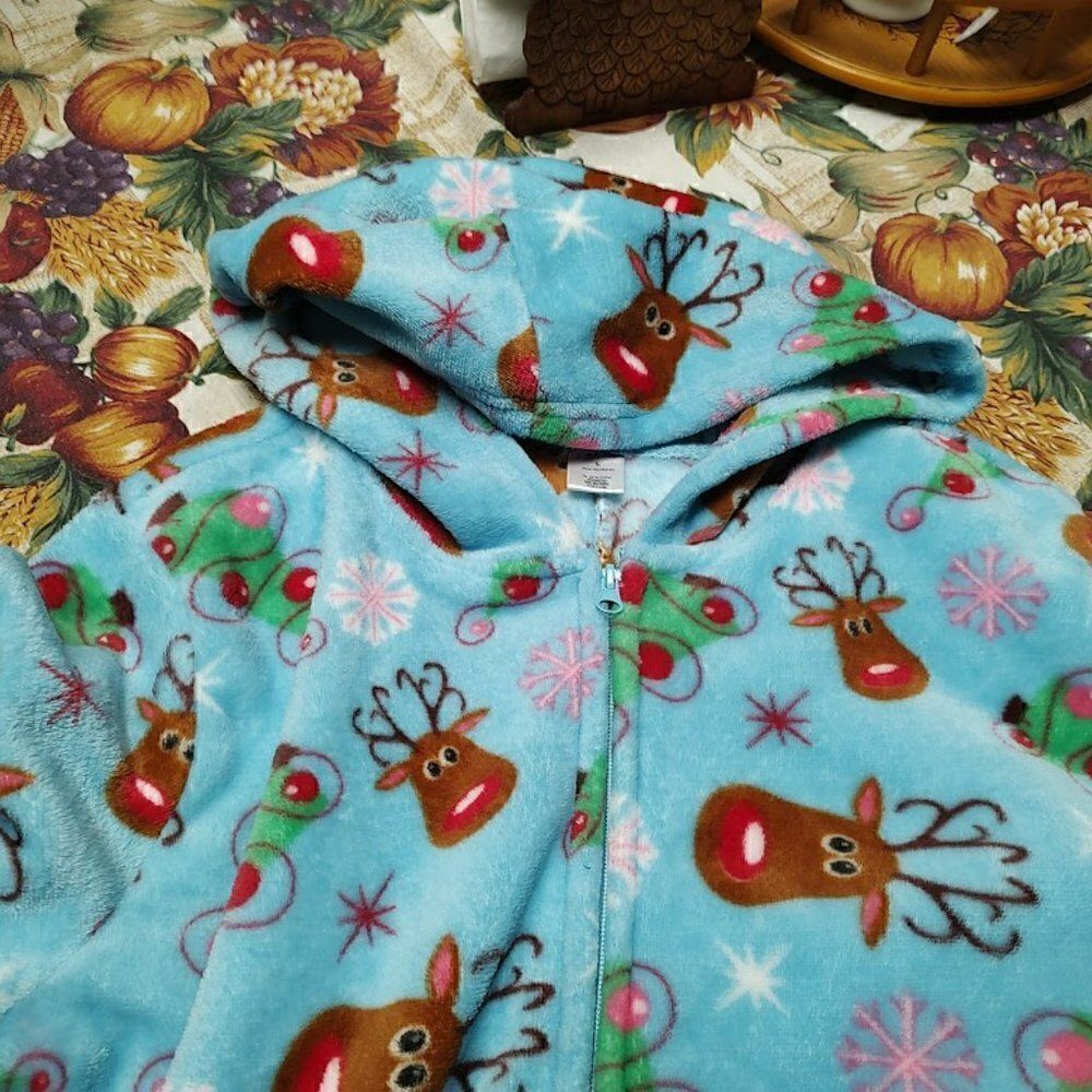 Body Candy Blue With Reindeer Soft Fleece Hooded One piece Sleepwear Women's L - Picture 3 of 3